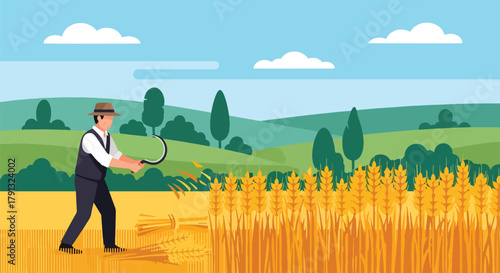 Flat vector scene of farmer harvesting golden wheat field under clear sky. Solid earthy palette, geometric shapes, no gradients, simple life and farming concept illustration
