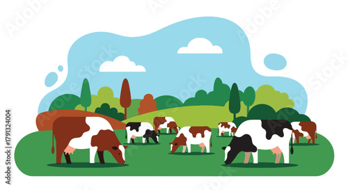 Flat vector illustration of cows grazing on bright green field with mountain view. Solid clean shapes, no gradients, calm countryside life concept, peaceful nature background