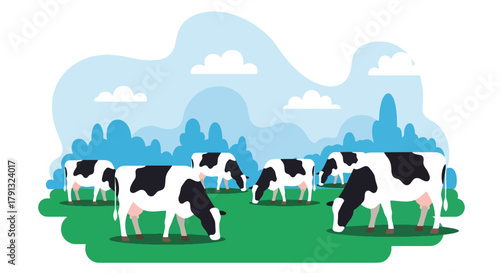 Flat vector illustration of cows grazing on bright green field with mountain view. Solid clean shapes, no gradients, calm countryside life concept, peaceful nature background