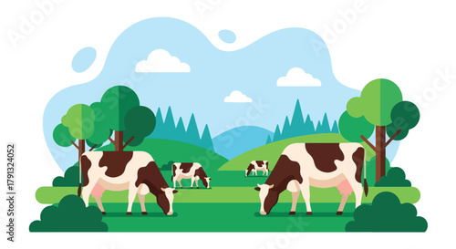Flat vector illustration of cows grazing on bright green field with mountain view. Solid clean shapes, no gradients, calm countryside life concept, peaceful nature background