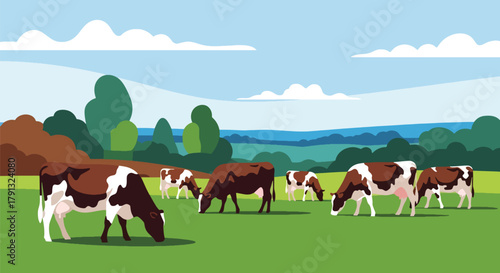 Flat vector illustration of cows grazing on bright green field with mountain view. Solid clean shapes, no gradients, calm countryside life concept, peaceful nature background