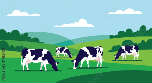 Flat vector illustration of cows grazing on bright green field with mountain view. Solid clean shapes, no gradients, calm countryside life concept, peaceful nature background
