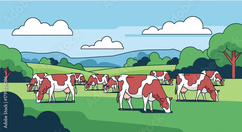 Flat vector illustration of cows grazing on bright green field with mountain view. Solid clean shapes, no gradients, calm countryside life concept, peaceful nature background
