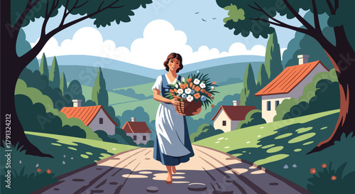 Flat vector illustration of smiling woman walking with basket full of flowers on village road. Solid pastel tones, no gradients, simple peaceful countryside concept