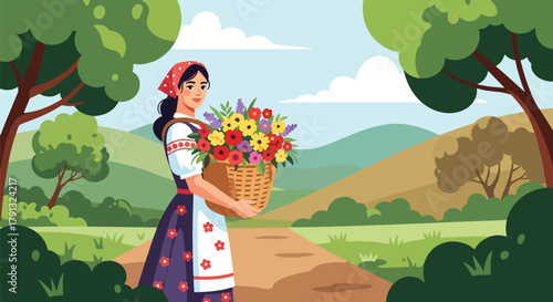 Flat vector illustration of smiling woman walking with basket full of flowers on village road. Solid pastel tones, no gradients, simple peaceful countryside concept