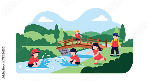 Flat vector illustration of kids playing near wooden bridge by countryside riverbank. Solid bright tones, no gradients, joyful rural activity, fun outdoor lifestyle design