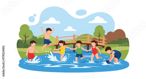 Flat vector illustration of kids playing near wooden bridge by countryside riverbank. Solid bright tones, no gradients, joyful rural activity, fun outdoor lifestyle design