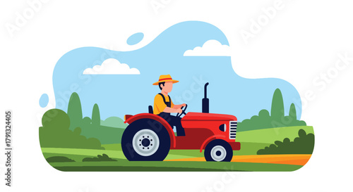 Flat vector illustration of farmer driving red tractor through field with clouds. Solid bold tones, clean layout, no gradients, modern countryside farming lifestyle concept