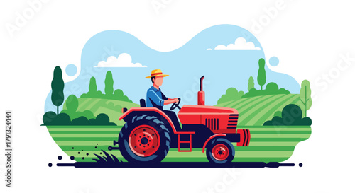 Flat vector illustration of farmer driving red tractor through field with clouds. Solid bold tones, clean layout, no gradients, modern countryside farming lifestyle concept
