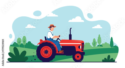 Flat vector illustration of farmer driving red tractor through field with clouds. Solid bold tones, clean layout, no gradients, modern countryside farming lifestyle concept