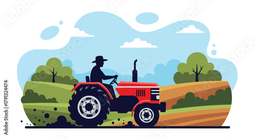 Flat vector illustration of farmer driving red tractor through field with clouds. Solid bold tones, clean layout, no gradients, modern countryside farming lifestyle concept