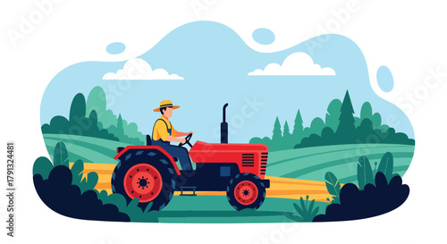 Flat vector illustration of farmer driving red tractor through field with clouds. Solid bold tones, clean layout, no gradients, modern countryside farming lifestyle concept