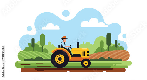 Flat vector illustration of farmer driving red tractor through field with clouds. Solid bold tones, clean layout, no gradients, modern countryside farming lifestyle concept