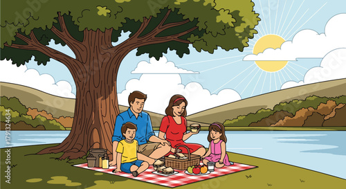 Flat vector illustration of family picnic under tree near calm lake in countryside. Solid soft tones, no gradients, peaceful outdoor leisure activity, rural lifestyle scene