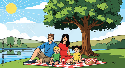 Flat vector illustration of family picnic under tree near calm lake in countryside. Solid soft tones, no gradients, peaceful outdoor leisure activity, rural lifestyle scene