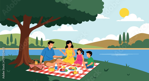 Flat vector illustration of family picnic under tree near calm lake in countryside. Solid soft tones, no gradients, peaceful outdoor leisure activity, rural lifestyle scene