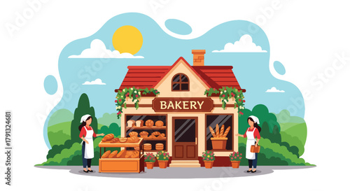 Flat vector illustration of small countryside bakery with bread display and flower pots. Solid bright tones, simple geometric design, no gradients, local business concept