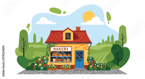 Flat vector illustration of small countryside bakery with bread display and flower pots. Solid bright tones, simple geometric design, no gradients, local business concept