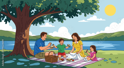 Flat vector illustration of family picnic under tree near calm lake in countryside. Solid soft tones, no gradients, peaceful outdoor leisure activity, rural lifestyle scene