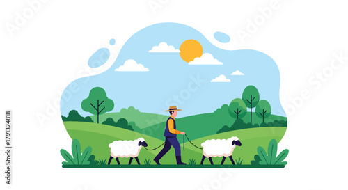 Flat vector illustration of shepherd walking with sheep on green meadow hills. Solid natural palette, simple composition, no gradients, traditional countryside lifestyle
