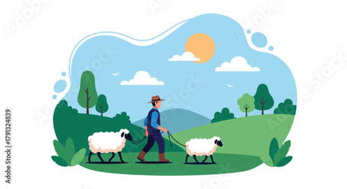 Flat vector illustration of shepherd walking with sheep on green meadow hills. Solid natural palette, simple composition, no gradients, traditional countryside lifestyle