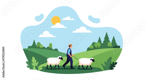 Flat vector illustration of shepherd walking with sheep on green meadow hills. Solid natural palette, simple composition, no gradients, traditional countryside lifestyle