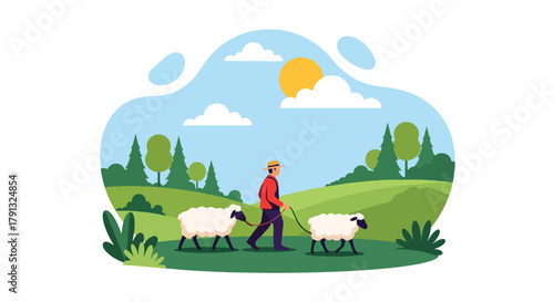 Flat vector illustration of shepherd walking with sheep on green meadow hills. Solid natural palette, simple composition, no gradients, traditional countryside lifestyle