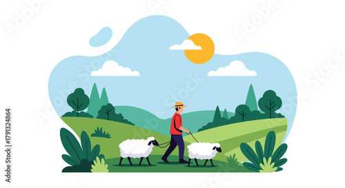 Flat vector illustration of shepherd walking with sheep on green meadow hills. Solid natural palette, simple composition, no gradients, traditional countryside lifestyle