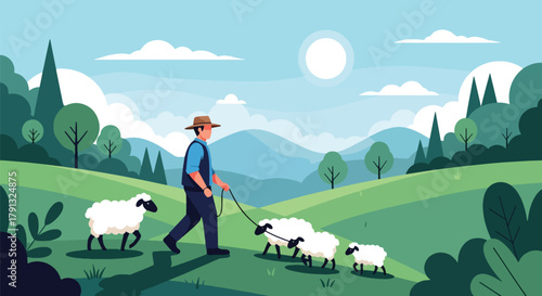 Flat vector illustration of shepherd walking with sheep on green meadow hills. Solid natural palette, simple composition, no gradients, traditional countryside lifestyle