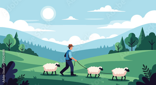 Flat vector illustration of shepherd walking with sheep on green meadow hills. Solid natural palette, simple composition, no gradients, traditional countryside lifestyle