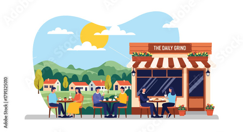 Flat vector illustration of small cafe with outdoor seating and plants in countryside. Solid pastel palette, no gradients, friendly warm atmosphere, simple lifestyle design