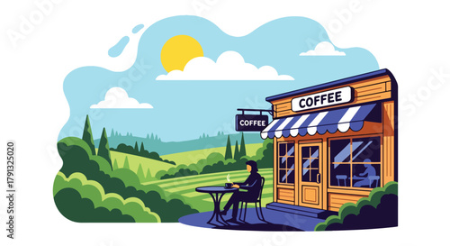 Flat vector illustration of small cafe with outdoor seating and plants in countryside. Solid pastel palette, no gradients, friendly warm atmosphere, simple lifestyle design