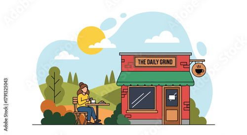Flat vector illustration of small cafe with outdoor seating and plants in countryside. Solid pastel palette, no gradients, friendly warm atmosphere, simple lifestyle design