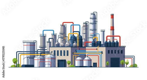 Vector illustration of a modern industrial factory building, showing a refinery or chemical plant with pipelines and storage tanks on a white background