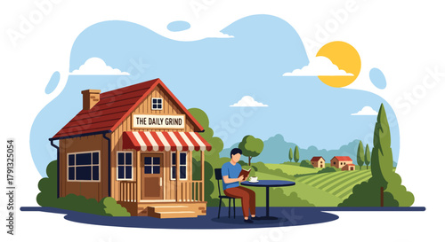 Flat vector illustration of small cafe with outdoor seating and plants in countryside. Solid pastel palette, no gradients, friendly warm atmosphere, simple lifestyle design