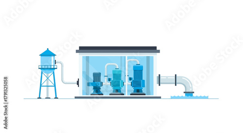 Vector illustration of a water pumping station showing the industrial process of water treatment, purification, and storage in a tower
