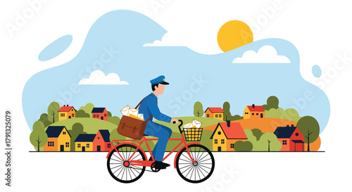 Flat vector illustration of postman on bicycle delivering letters to village houses. Solid light tones, no gradients, minimal geometric style, friendly countryside concept