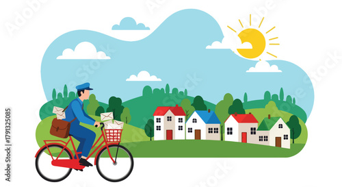 Flat vector illustration of postman on bicycle delivering letters to village houses. Solid light tones, no gradients, minimal geometric style, friendly countryside concept