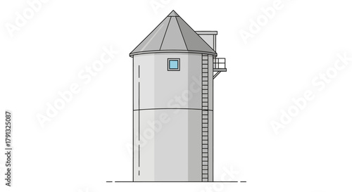 A clean vector illustration of a gray agricultural silo tower for grain storage, isolated on a white background with a simple outline style