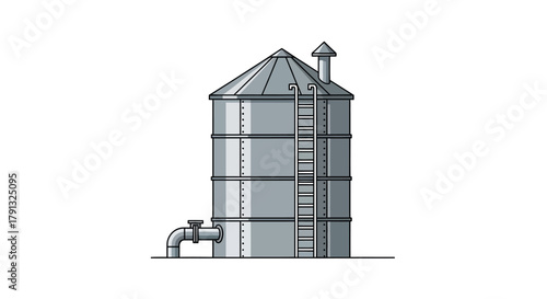A detailed vector illustration of an agricultural metal grain silo with a ladder, isolated on a clean white background