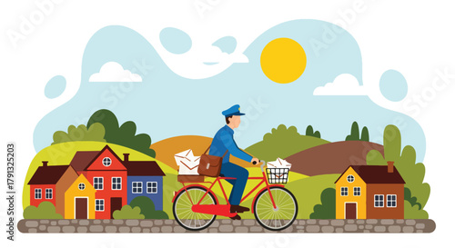 Flat vector illustration of postman on bicycle delivering letters to village houses. Solid light tones, no gradients, minimal geometric style, friendly countryside concept