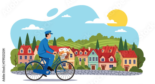 Flat vector illustration of postman on bicycle delivering letters to village houses. Solid light tones, no gradients, minimal geometric style, friendly countryside concept