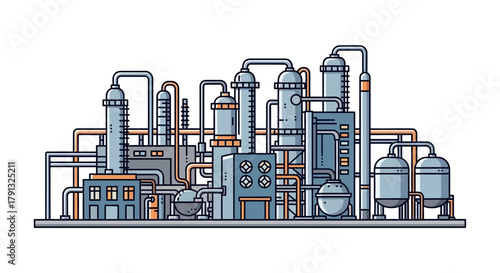 A detailed line art illustration of a modern industrial factory, representing concepts of manufacturing, production, and energy processing