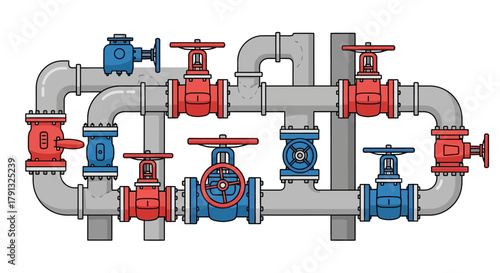 An intricate industrial pipeline system with interconnected pipes and valves, representing a complex network for fluid management and control