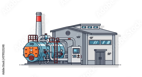 Isolated vector illustration of an industrial boiler house with a complex steam generation system, representing "the core of thermal power and factory heating"