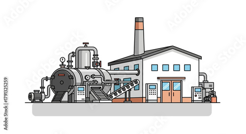Vector illustration of a modern industrial factory plant with machinery, boiler, and conveyor belt for manufacturing and production