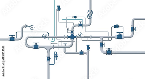 Abstract blue pipeline system showcasing an intricate network of industrial pipes, valves, and pressure gauges for fluid dynamics