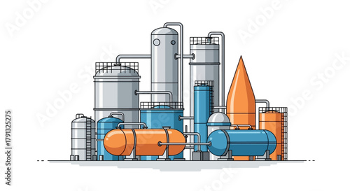 Stylized flat line art illustration of an industrial complex, showing a factory, oil refinery, or chemical processing plant with towers and tanks