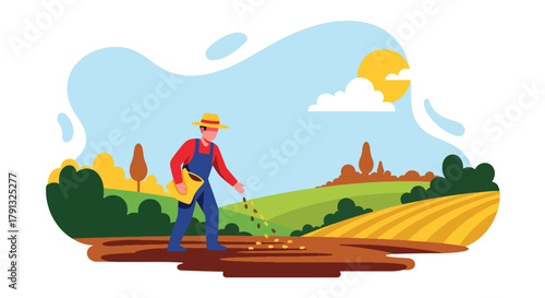 Flat vector illustration of farmer planting seeds in field during sunrise. Solid warm palette, clean minimalist design, no gradients, concept of hope, growth, and new beginnings