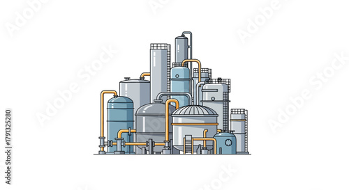 Modern flat line illustration of a chemical processing plant or petroleum refinery for energy production and manufacturing